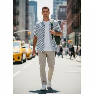 Inserch Mens XL Short Sleeve Button Down Shirt Blue White Diamond Grid Textured